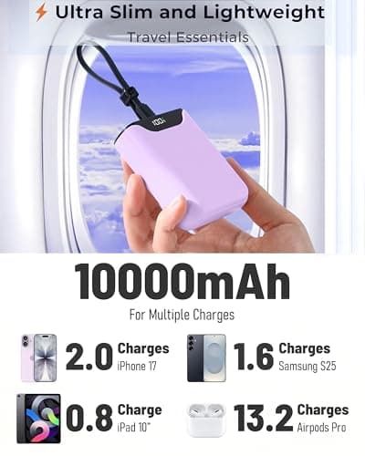 Small Power Bank, 10000mAh Fast Charging Portable Charger with Built-in USB-C In/Out Cable for Travel, LED Display Mini Battery Pack for 17/16/15/14/13, iPad, Andriod and More (Purple) — view 6