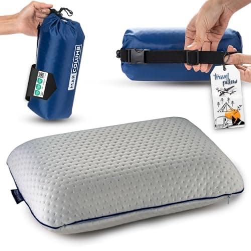 alkamto Travel Pillow - Ergonomic Neck Support Camping Memory Foam Pillow with Temperature-Regulating Pillowcase - Included Waterproof Travel Carry Bag (grey 40x25x10 cm)