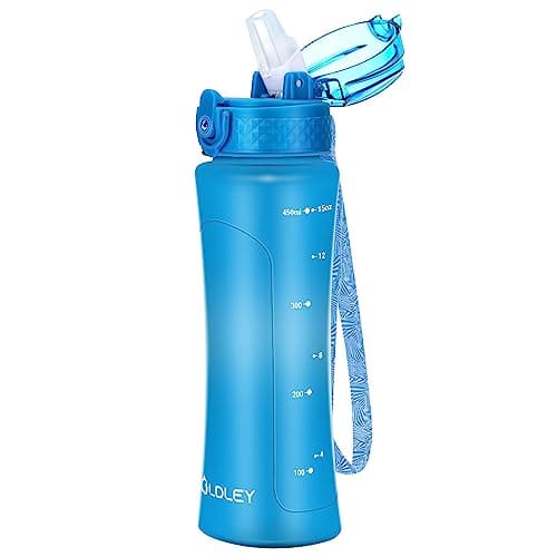 OLDLEY 450ml/15oz Water Bottle with Straw Reusable Drink Bottles with Times Markings for School Home Camping Outdoor Sports BPA Free Leakproof Durable