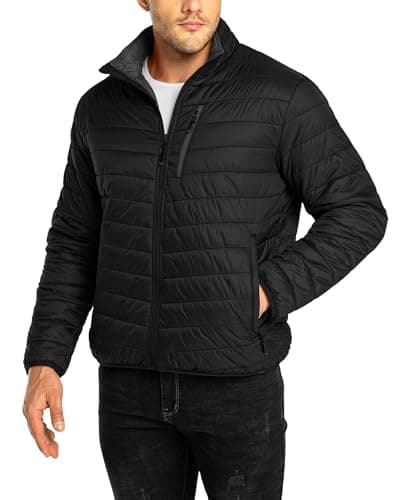 33,000ft Mens Winter Lightweight Jacket Warm Short Packable Puffer Jacket Transitional Padded Jacket Quilted Jacket for Men Lined for Hiking Travelling Pure Black XL