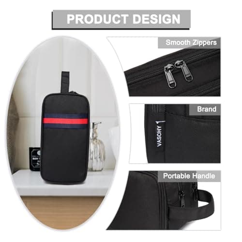 Toiletry Bag, VASCHY Unisex Water Resistant Wash Bag with Three Separate Zipped Compartments Travel Toiletry Bag Cosmetic Bag Portable Shaving Bag Makeup Organizer, Black — view 5