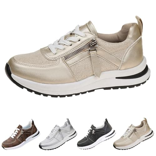 Wedge Walking Shoes for Womens Lace Up and Side Zipper Fashion Running Sneakers Comfortable Lightweight Shock Absorbing Trainers Casual Sport Cross Trainer Shoe Non-Slip Sneaker for Fitness Gold — view 4