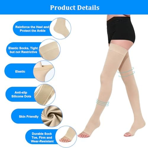AOGOE Medical Open Toe Thigh High Compression Socks for Women & Men, 23-32 mmHg Open Toe Support Stockings with Anti-Slip Silicone Band, Graduated Compression Socks for Varicose Veins, Edema, Flight — view 4