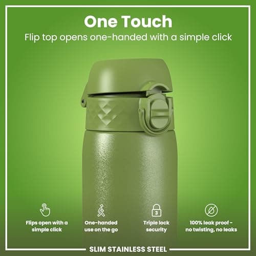 Ion8 Lightweight Steel Water Bottle, 600 ml/20 oz, Non-Insulated, Leak Proof, Easy to Open, Secure Lock, Dishwasher Safe, Flip Cover, Fits Cup Holders, Carry Handle, Metal Water Bottle, Khaki Green — view 3