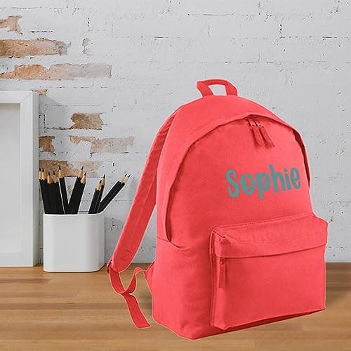Print Maniacs Personalised School Backpack Large 18L Kids Travel Rucksack Junior Shoulder Collage Rucksack Back To School Girls Boys Lunch Swimming P.E Laptop Book Bag Name (Coral) — view 6