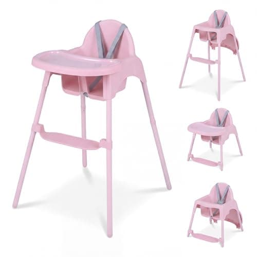 COSTWAY High Chair for Babies and Toddlers, 4 in 1 Convertible Baby Highchair with 2 Heights, Removable Double Tray, 5-Point Harness & Reversible Footrest, Infant Feeding Chair for 6-36 Months (Pink)