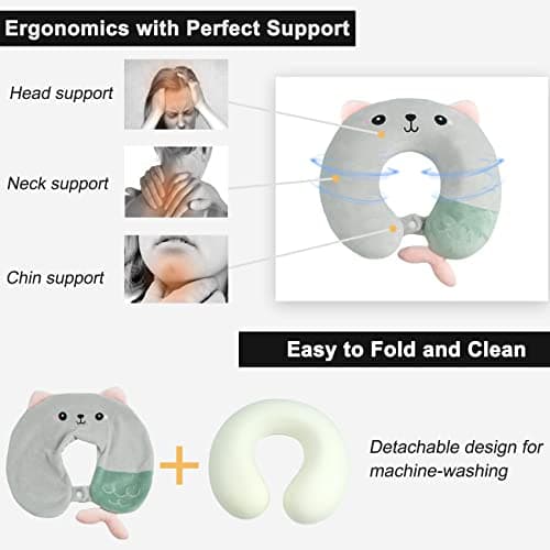 Travel Pillow - Soft Memory Foam Neck Pillow for Adults, Kids, Children, Convenient & Portable U Shaped Neck Pillows, Cute Animal Airplane pillow for Home, Office, Camping, Travelling, Sleeping (Grey) — view 4