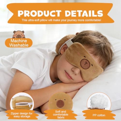 Alaoo Plush Travel Pillow and Eye Mask, Eye Mask Pillow with Cute Animal, Flight Plane Neck Pillows Play Companion for Adults and Children in Sleeping Airplane, Capybaras — view 3