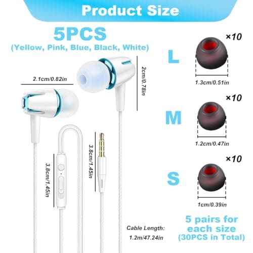 poluu 5 Pairs In-Ear Wired Noise Cancelling Headphones for Smartphone,Laptop,Tablet Wired Earphones with Volume Control Microphone,Noise Isolating,15 Pairs Ear Tips Deep Bass Audio 3.5mm Jack — view 2