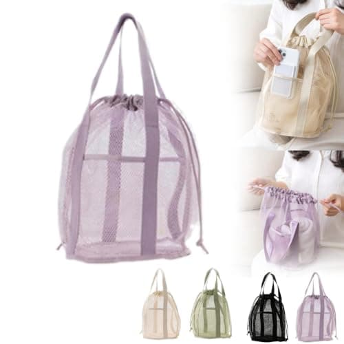 Mesh Shower Caddy Portable Hanging Bag with Drawstring & External Pocket, Sandproof Travel Beach Tote for Gym Camping Dorm College, Bathroom Toiletry Organizer for Men Women (Purple)