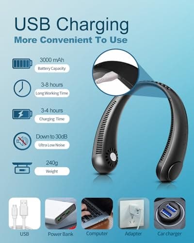 Neck Fan, Portable Neck Fan USB Rechargeable, Hands Free Bladeless Personal Fan with 360°Cooling Airflow, 3 Wind Speed for Home Office Travel Sports Outdoor Summer — view 4