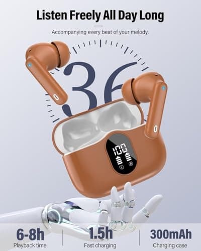 Wireless Earbuds, Bluetooth 5.4 Headphones In Ear with 4 ENC Mic, 2026 Wireless Earphones Noise Cancelling Deep Bass, LED Display, Bluetooth Earbuds 36H Playtime, IP7 Waterproof Ear buds, USB-C Brown — view 3