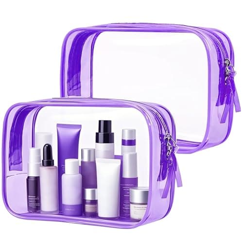 PLULON 2 Pack Clear Travel Toiletry Bag, TSA Approved Toiletry Bag Clear Makeup Bag Quart Size Portable Cosmetic Bags Carry on Travel Accessories Bag for Women Men - Purple