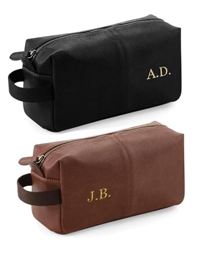 Personalised Wash Bag Embroidered Faux Leather Wash Bag Mens Toiletry Bag - Brown WashBag Men Vegan Leather Toilet Bag Initials Travel Gift — view 5