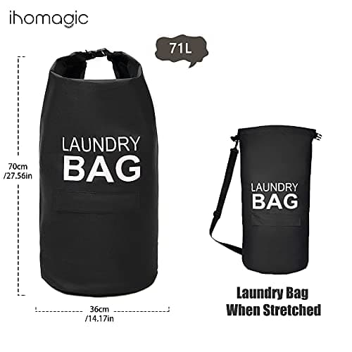 IHOMAGIC Collapsible Fabric Laundry Hamper, Portable Laundry Bag Backpack with Adjustable Shoulder Straps and Pocket, Hanging Dirty Clothes Bag for College, Travel, Laundromat, Apartment 71L (Black) — view 2
