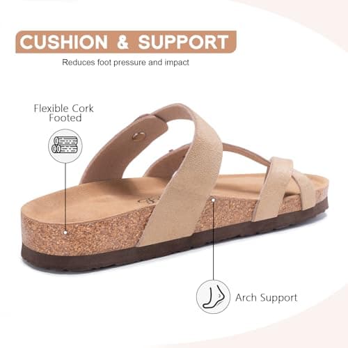 FITORY Women's Leather Sandals Comfort Cork Footbed Suede Taupe Size 7 — view 4