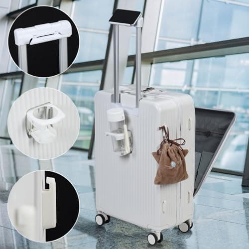cadciehe 24in Aluminium Frame Hardside Expandable Spinner Wheel Luggage, Front Open Carry on Luggage, Built-in Lock Carry on Suitcase, with Cup Holder & USB Type-C Charging Port & Phone Stand White — view 6
