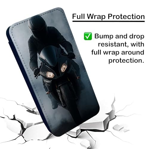 Motorbike Rider Wallet Phone Case Flip Cover Compatible with iPhone SE X XR 11 12 13 14 15 16 16E 17 Air Plus Mini Pro Max – Faux Leather Bold Motorcycle Print, Biker Gift for Men & Women Black — view 4