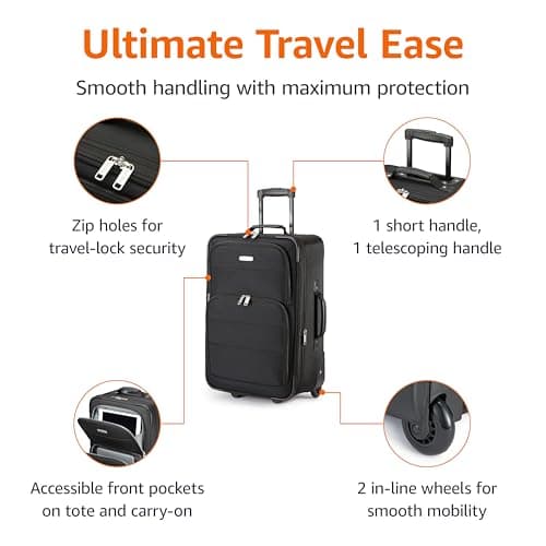 Amazon Basics 2-Piece Luggage Set, Expandable Cabin Suitcase (58 cm) and Tote Bag (25 cm), Soft Shell Suitcase with Wheels, Lightweight Polyester, Black, for Travel Work Weekend Breaks — view 3