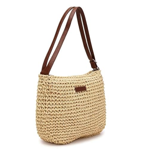 aieieii Straw Bags for Women UK, Off-White Woven Bag Daily Outfit for Holiday Travel, Fashion Summer Bags for Women, Straw Beach Bag with Adjustable Strap Zipper Closure