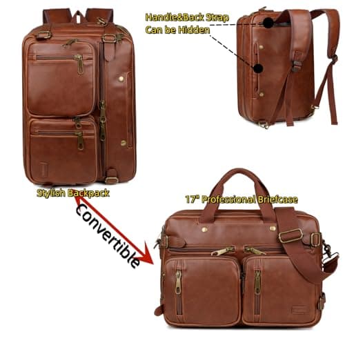 Faux Leather Backpack Briefcase Hybrid 17 Inch Laptop Bag Men's Shoulder Bag Carry On Backpack Shoulder Bag Multi-Purpose Shoulder Bags Work Bag for Men HB-22, brown, M, Retro — view 2