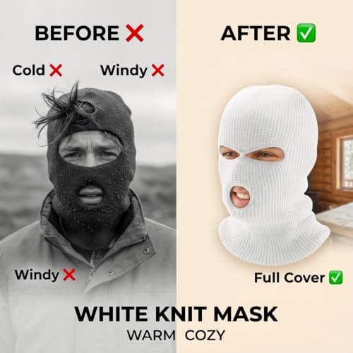 Gaomumu 3-Hole Knitted Balaclava, Windproof Thermal Full Face Cover, Stretch Warm Knit Head Neck Protector, Suitable for Cycling Skiing Hiking Winter Outdoor Sports(White) — view 6