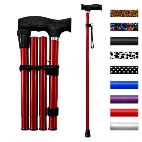 Life Healthcare Folding Walking Stick, Adjustable Aluminium Cane, Red