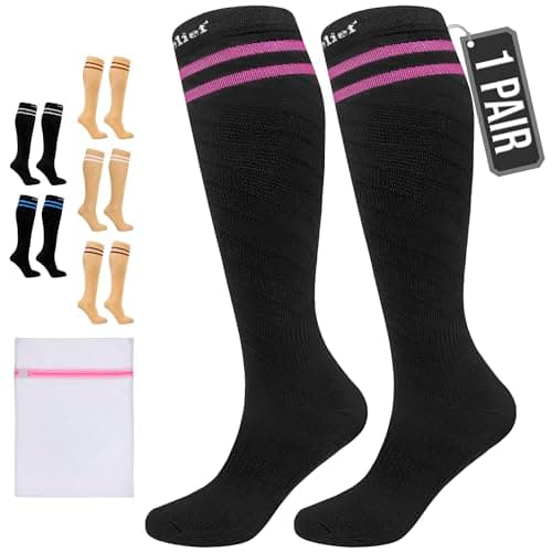 360 RELIEF Compression Socks for Kids, 15-20 mmHg Supports Circulation, Travel Flight Stockings, Black with 2 Pink Line + Laundry Bag
