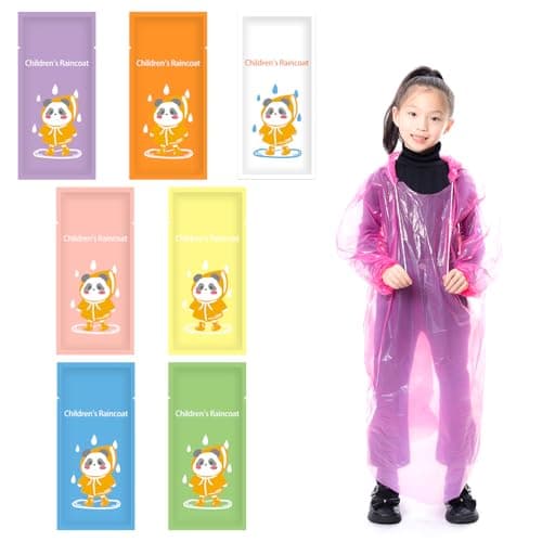 WUBAYI 7 Pack Kids Disposable Rain Poncho PE Material, Adjustable Drawstring Hood & Elastic Sleeves, Waterproof Reusable Plastic Ponchos for School, Travel, Camping, Outdoor Activities