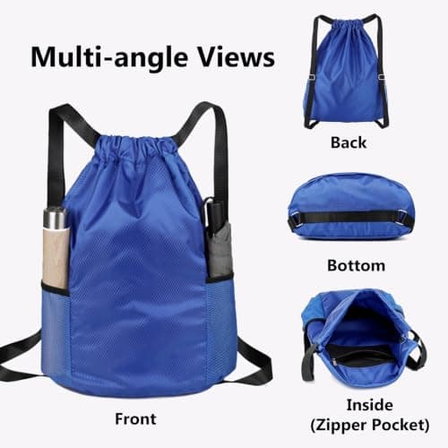 Toced Drawstring Bag, Unisex Large Sports Backpack String Drawstring PE Bags, Sport Gym Sack have Two Side Pockets, Travel Beach Swim School Bag with Waterproof (Royalblue) — view 5