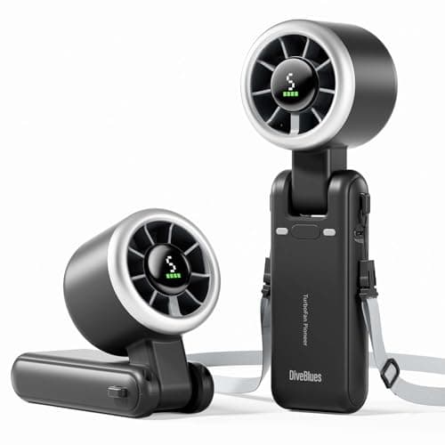 Diveblues Portable Handheld Fan, High-Speed Turbo Portable Fan, LED Display, Up to 12 Hours, 4000mAh Battery, 5 Wind Gear, Rechargeable small Hand Fan for Travel/Commute/Outdoor, Gifts for Women