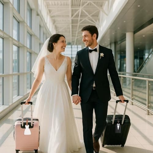 Mr and Mrs Honeymoon Travel Gift Set, Includes Embroidered Passport Covers, Luggage Tags, Eye Masks, Honeymoon Sand Keepsake Jar, Picture Frame, Honeymoon Funds Envelope (Dress Tuxedo) — view 3