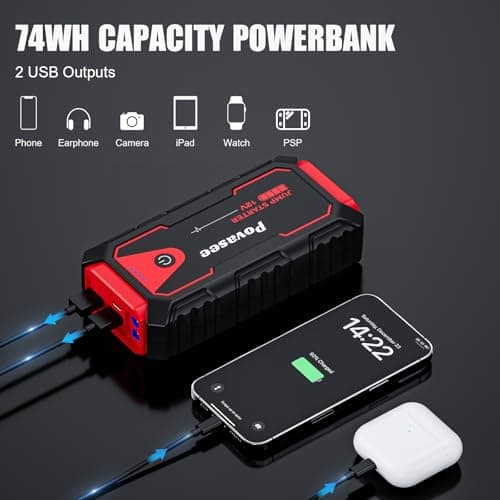 Povasee 5000A Jump Starter Power Pack, Car Battery Booster Jump Starter for 12V Vehicle (Up to 10L Gas/8L Diesel), Car Starter Power Bank with LED, 2 USB Outputs, Jump Pack with Jump Leads — view 4