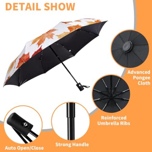 MAYJOYDIY Maple Leaves Automatic Folding Umbrella Autumn Fall Leaves Portable Travel Umbrella 42 Inch Vivid Leaf Automatic Open Close Umbrellas for Daily Use Travel Outdoor Activities — view 4