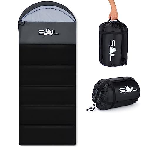 SAIL 3 Season Sleeping Bag for Kids & Adults - Extra Wide, 250GSM Lightweight & Waterproof - Large XL Sleeping Bag for Camping, Indoor & Outdoor, Hiking & Backpacking - Black