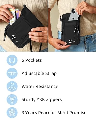 Vantamo Premium Neck Wallet for Traveling, RFID Protected Passport Bag Fits Documents, Cash and Phone, Lightweight & Consealed Travel Wallet and Document Holder for Men & Women with Adjustable Strap — view 5