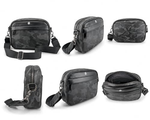 Outside edge Mens small Crossbody Bag, Sling Bag, Everyday Carry Shoulder Bag, Water resistant Urban Travel messenger bag for mens essentials and tech, EDC Bag, Black Camo Compact Side Bag. — view 3