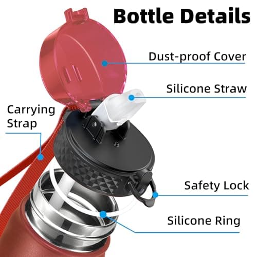 OLDLEY Stainless Steel Water Bottle with Straw 1L Vaccum Insulated Large Drink Flask Metal Water Bottles 1 Litre Leakproof Keep Drinks Hot Cold for Sports Gym Travel Adult Women Men(Red Black, 1 Lid) — view 2