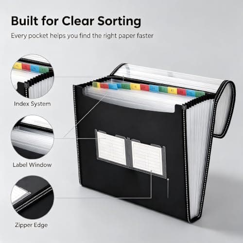 FERNVALE A4 Expanding File Organiser 13 Pockets, Waterproof PP Accordion Document Folder with Colour Index Tabs, Portable Receipt Bill Paperwork Storage Folder for Back to College, Home, Office, Black — view 6