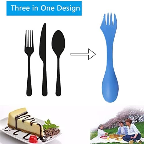 JEOPKO 7 Pack Plastic Spork, Portable and Reusable Camping Spork Lightweight and Strong Spork Plastic, Spoon Fork Knife Set Portable for Backpacking Hiking Outdoors(7color), Blue,green,orange,white — view 3