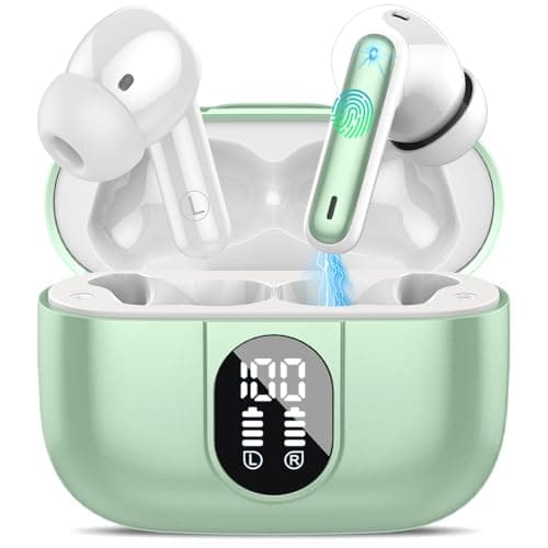 Csasan Wireless Earbuds, Bluetooth 5.3 Headphones HiFi Stereo, 40H Playtime, Wireless Earphones with ENC Noise Cancelling Mic, IPX7 Waterproof Bluetooth Earbuds LED Display, Touch Control, Green