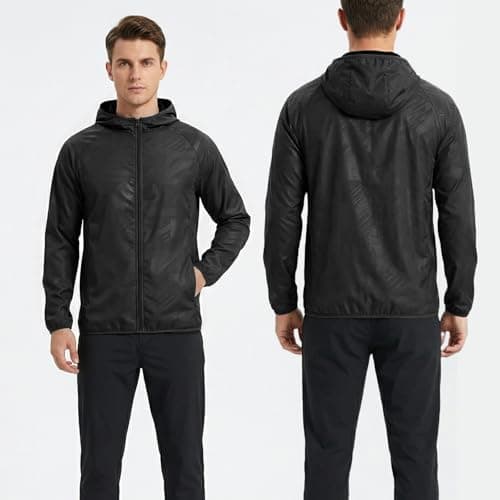 zoogobee Men's Lightweight Packable Hooded Waterproof Jacket, Windproof Sun Protection Rain Coat for Hiking Cycling Travel Running Commuting (UK, Alpha, L, Regular, Regular, Black) — view 2