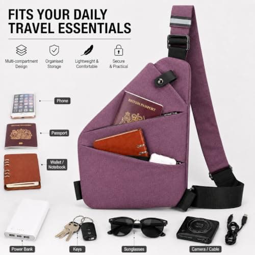 CSKKYO Crossbody Bag for Women Men, Anti Theft Sling Bag, Slim Water Resistant Travel Shoulder Bag with Hidden Pockets for Passport Phone Purse (Purple) — view 4