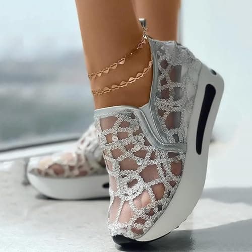 Women's Floral Lace Wedge Trainers Fashion Breathable Sneakers with Arch Support Dressy Lightweight Slip on Sneakers Comfortable Thick Heel Casual Outdoor Travel Walking Sports Shoes