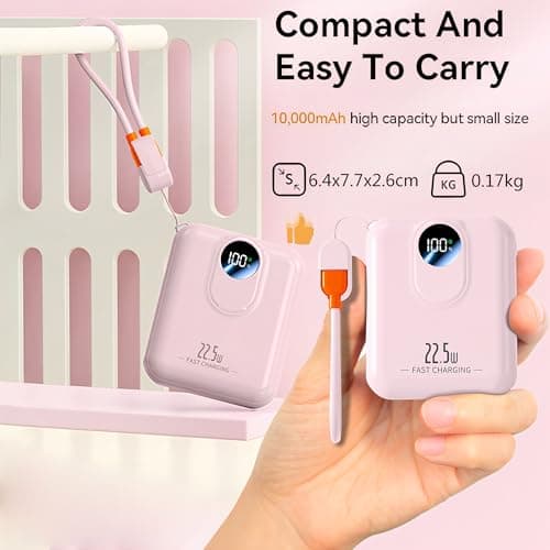 Power Bank 10000mAh, Fast Charging Portable Charger with Built-in Cables, 22.5W 4 Outputs LED Display, Small USB C Battery Pack for iPhone 16 15 14 iPad Tablets (Pink) — view 3