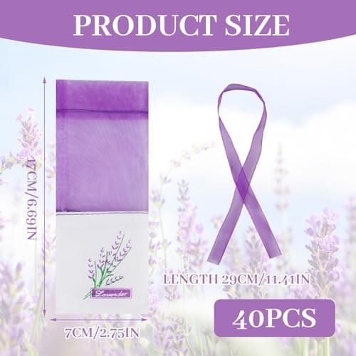 Lotnery 40 Pack Lavender Bags for Moths - Purple Drawstring Organza Sachets with Ribbons | Moth Repellent Wardrobe Fresheners, DIY Dried Herb Pouches for Drawers & Travel — view 2