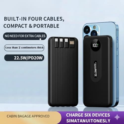 Power Bank with 4 Built-in Cables, 22.5W PD Fast Charging Portable Charger 10000mAh High-Capacity Battery Pack with LED Display 6-Output & 5-Input for Smartphones Tablets and More (Black, 10000mAh) — view 5