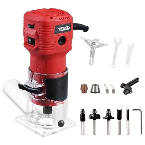TEENO Compact Electric Hand Wood Trimmer 800W 15000-32000 RPM,with Dust Cover,6 Variable Speeds,Profession Router Trimmer with 5PCS 1/4" Shank Router Bits,Includes Base 6/6.35mm
