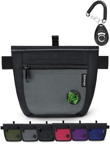 Gobeigo Dog Treat Pouch and Training Clicker, Upgrade Two Magnetic Closure to Prevent Spills, 2 Cup Treat Bag with Poop Bag Dispenser, Metal Clip Waist Belt Fanny Pack for Pet Walking (Black/Gray)