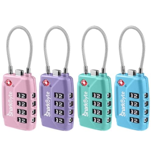 SharkByte TSA Approved Suitcase Locks - 4-Dial Security Travel Combination Padlock, Flexible Cable Wire Travel Lock for Suitcases, Luggage locks, Case Travel Bag Gym Locker Code Small PadLock (4 Pack)